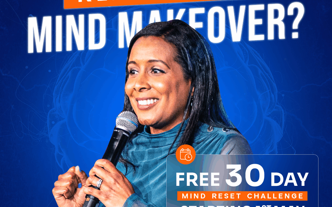 Dr. Nekeshia Hammond speaking into a microphone, promoting the 30-Day Mind Reset Challenge for Mental Health Awareness Month.