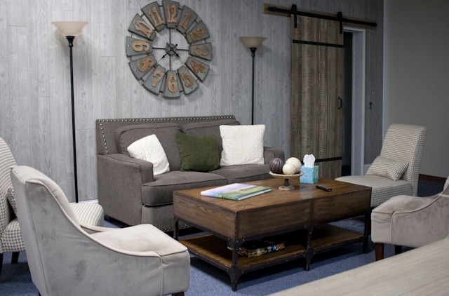 Comfortable therapy office with seating arranged for counseling sessions in a calm and welcoming environment.