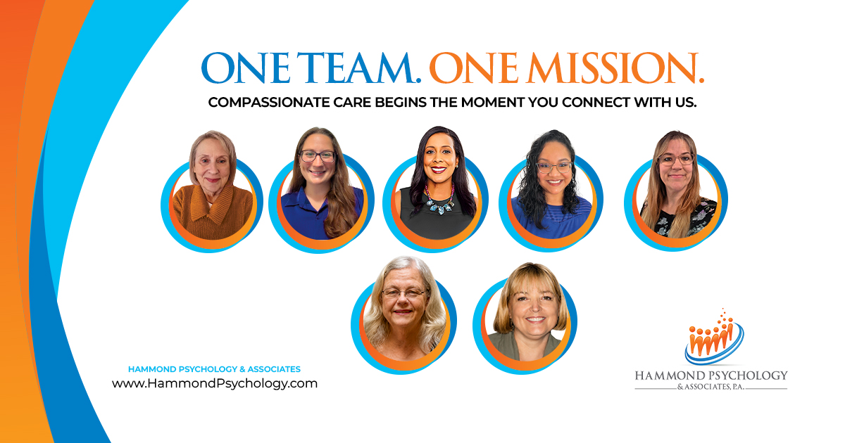 Hammond Psychology & Associates team graphic featuring psychologists, therapists, doctoral student, and front office staff with the message One Team, One Mission.